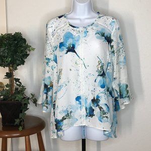 Sioni Bell Sleeve Blouse | White/Blue | Petite Medium